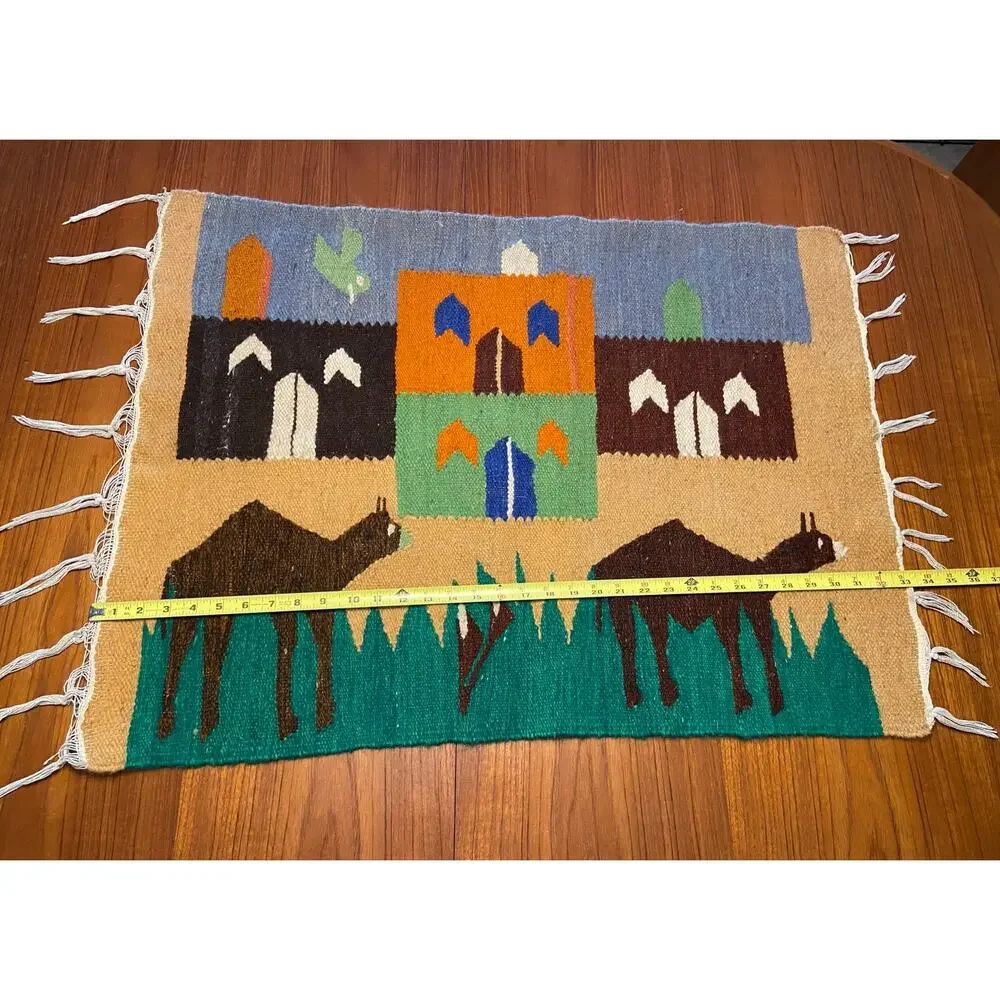 Egyptian Woven Tapestry Rug Wall Hanging Camels Village Folk Art Souvenir